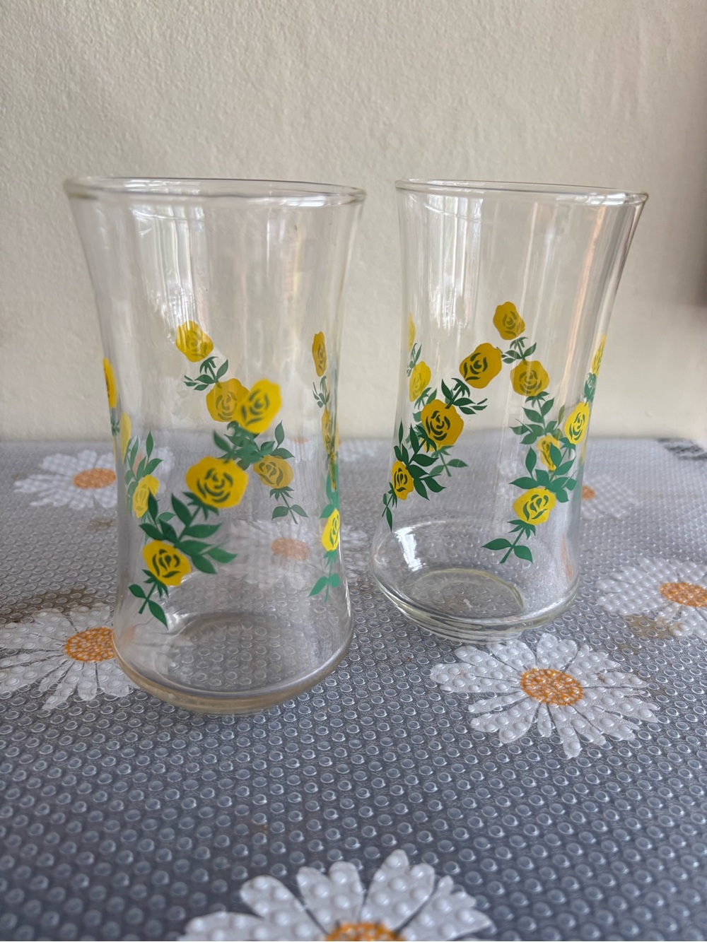 Vintage Mid-Century Climbing Yellow Rose Flared Tumbler Glasses - Set of 2